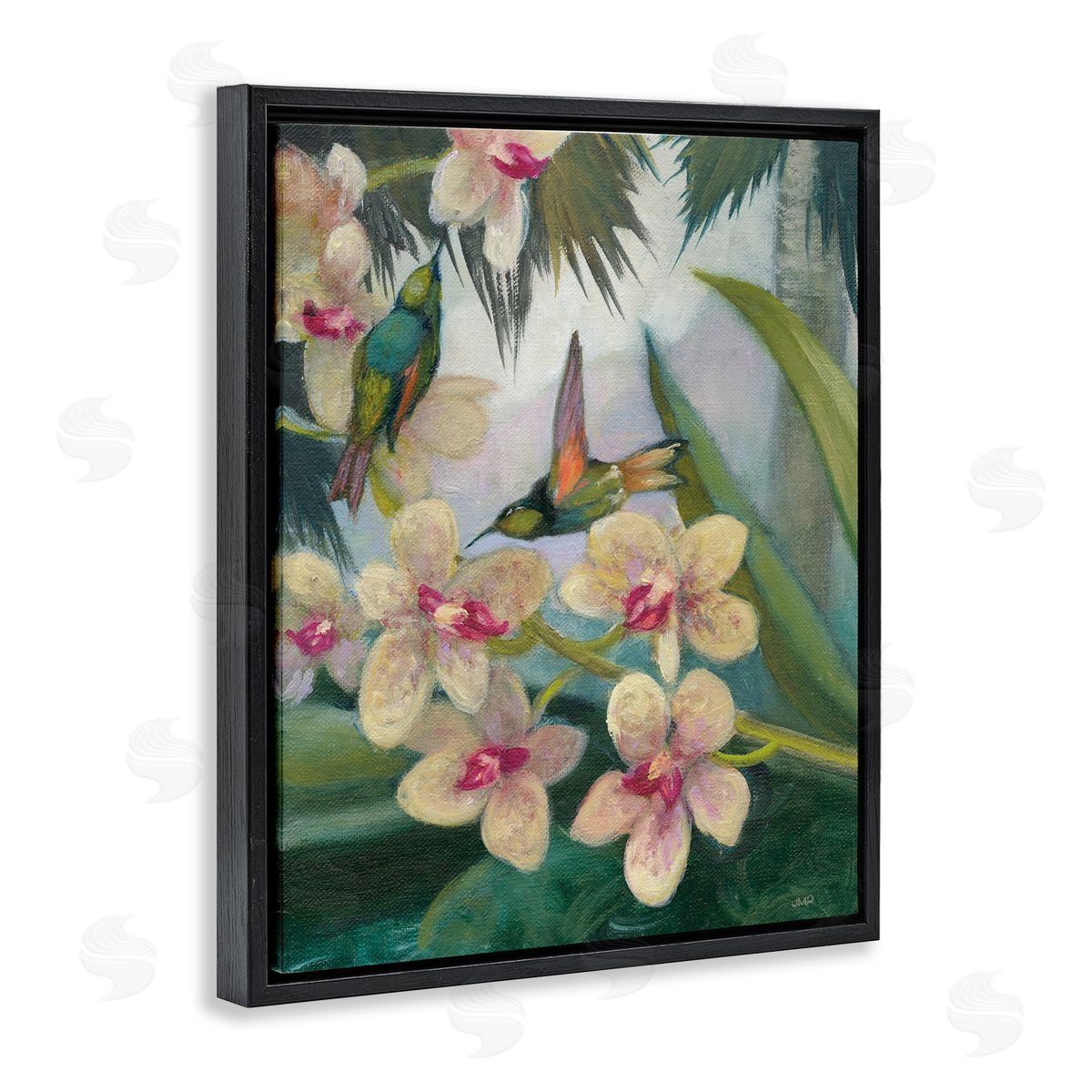 Hummingbirds Among Blossoms Black Floating Frame Canvas Wall Art, Home Decor by Julia Purinton