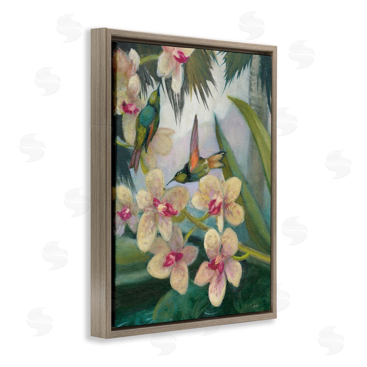 Hummingbirds Among Blossoms Brown Floating Frame Canvas Wall Art, Home Decor by Julia Purinton
