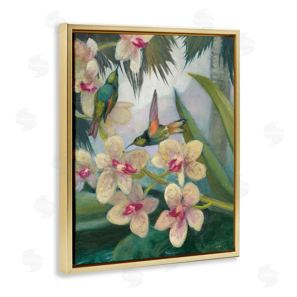 Hummingbirds Among Blossoms Gold Floating Frame Canvas Wall Art, Home Decor by Julia Purinton