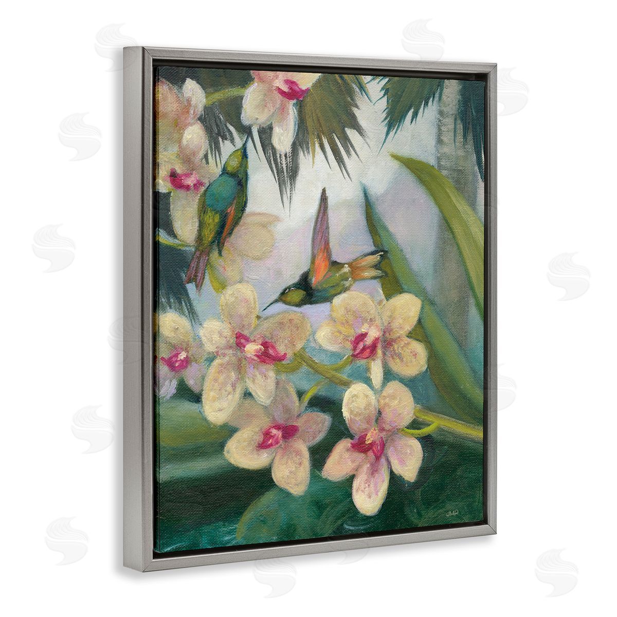Hummingbirds Among Blossoms Grey Floating Frame Canvas Wall Art, Home Decor by Julia Purinton