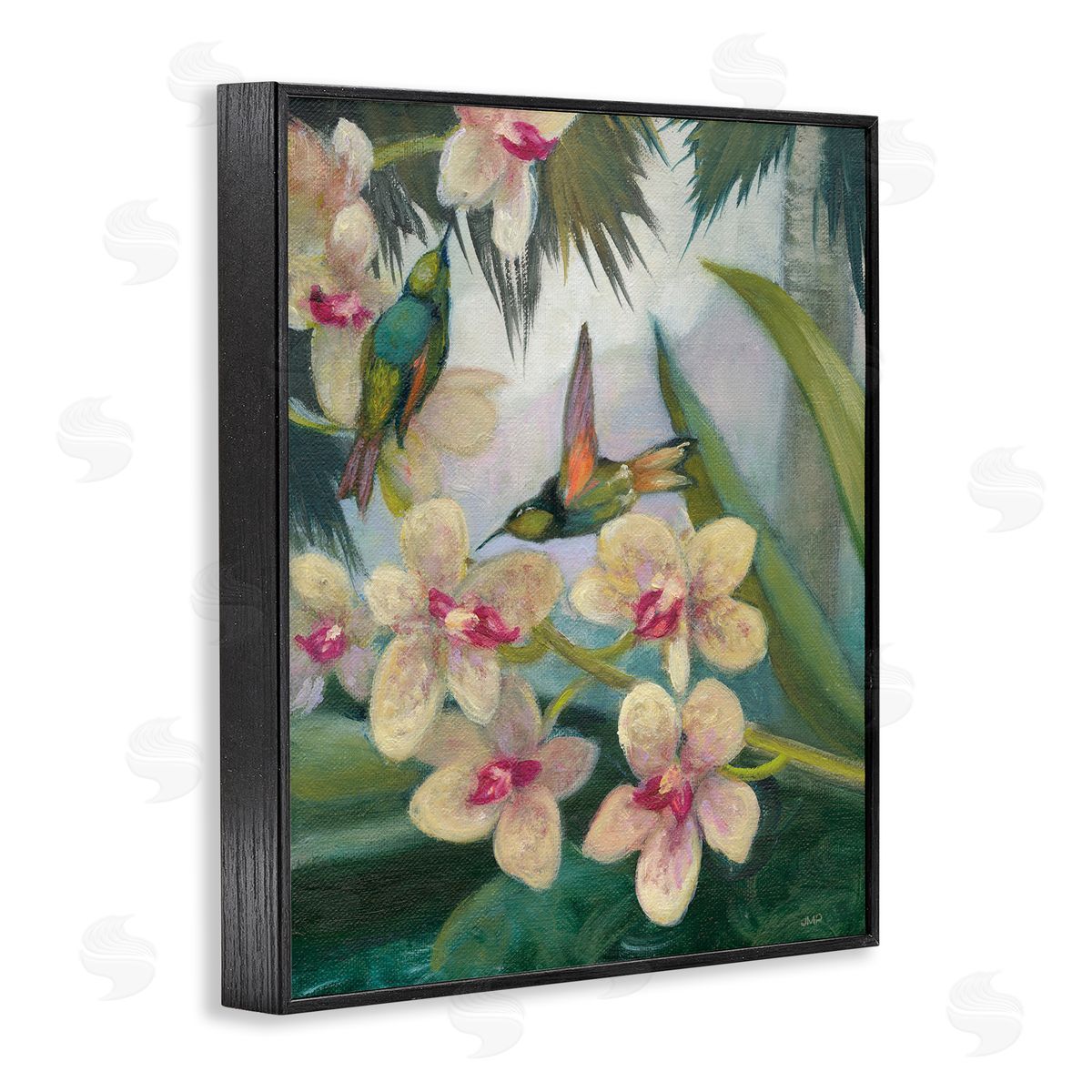 Hummingbirds Among Blossoms Black Frame Print Wall Art, Home Decor by Julia Purinton