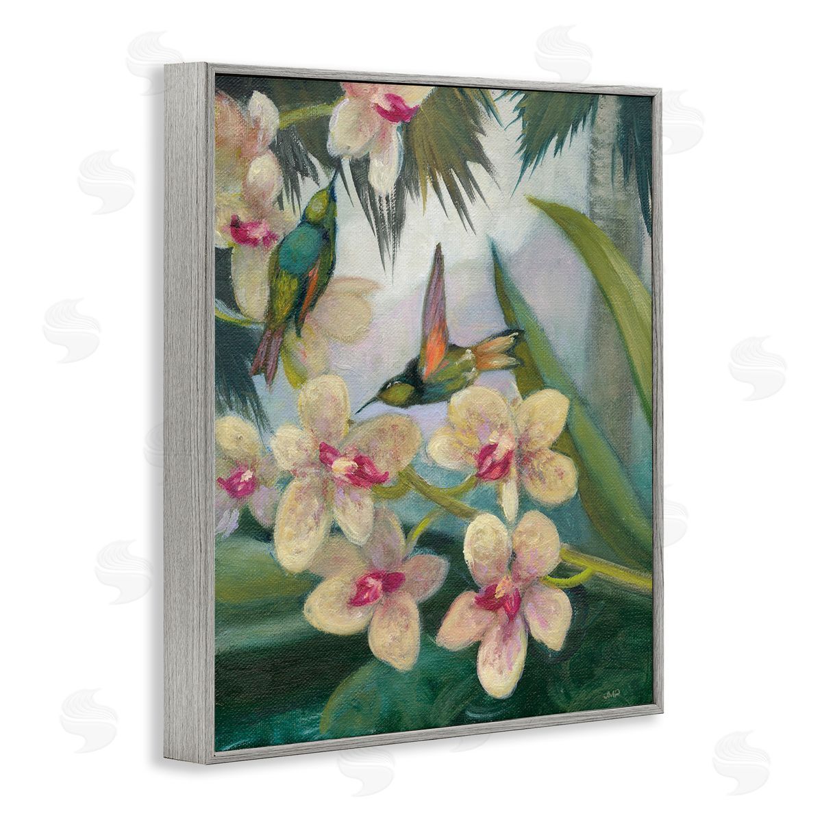 Hummingbirds Among Blossoms Grey Frame Print Wall Art, Home Decor by Julia Purinton