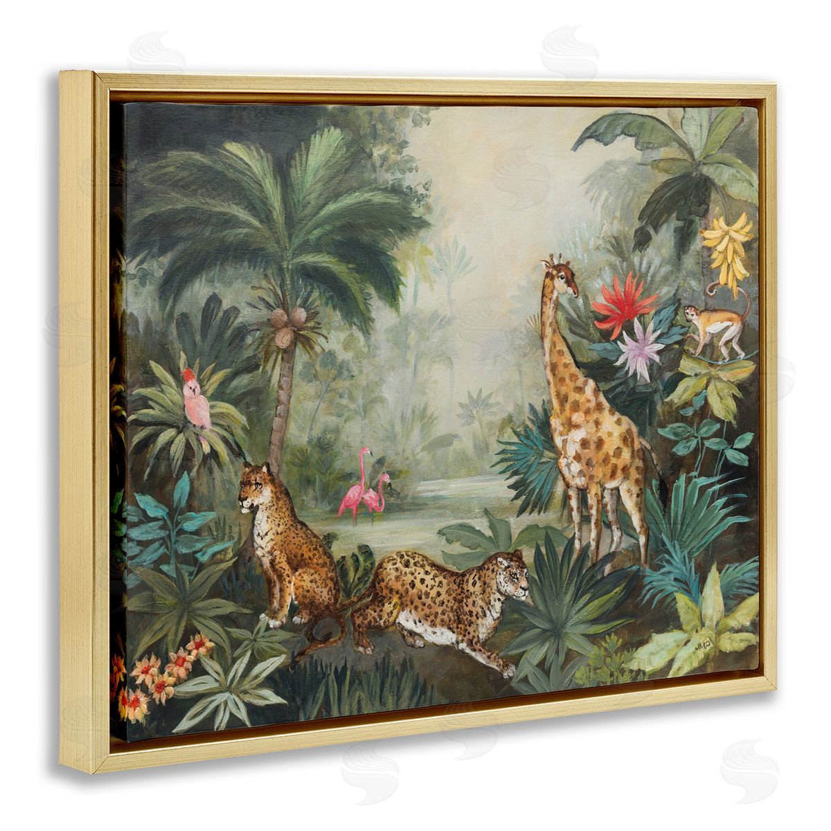 Tropical Animals in Jungle Gold Floating Frame Canvas Wall Art, Home Decor by Julia Purinton
