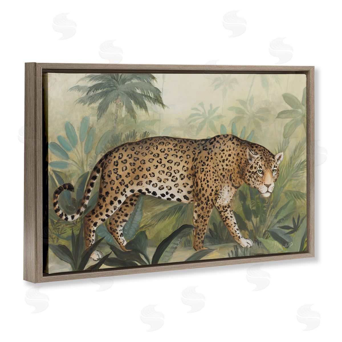 Prowling Leopard in Forest Brown Floating Frame Canvas Wall Art, Home Decor by Julia Purinton