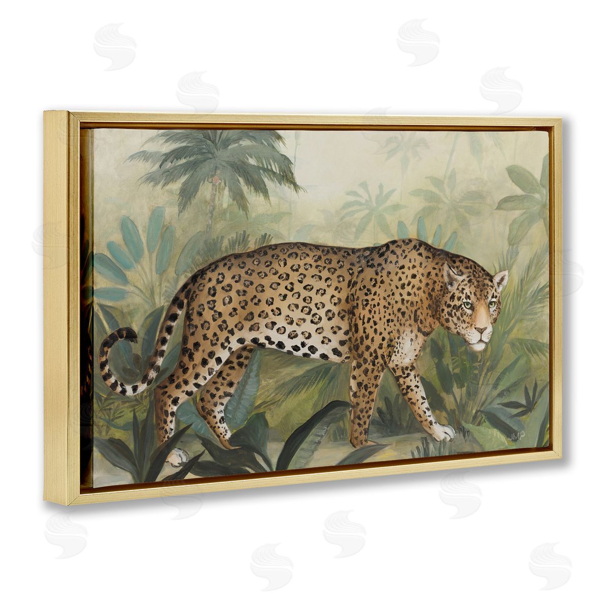 Prowling Leopard in Forest Gold Floating Frame Canvas Wall Art, Home Decor by Julia Purinton