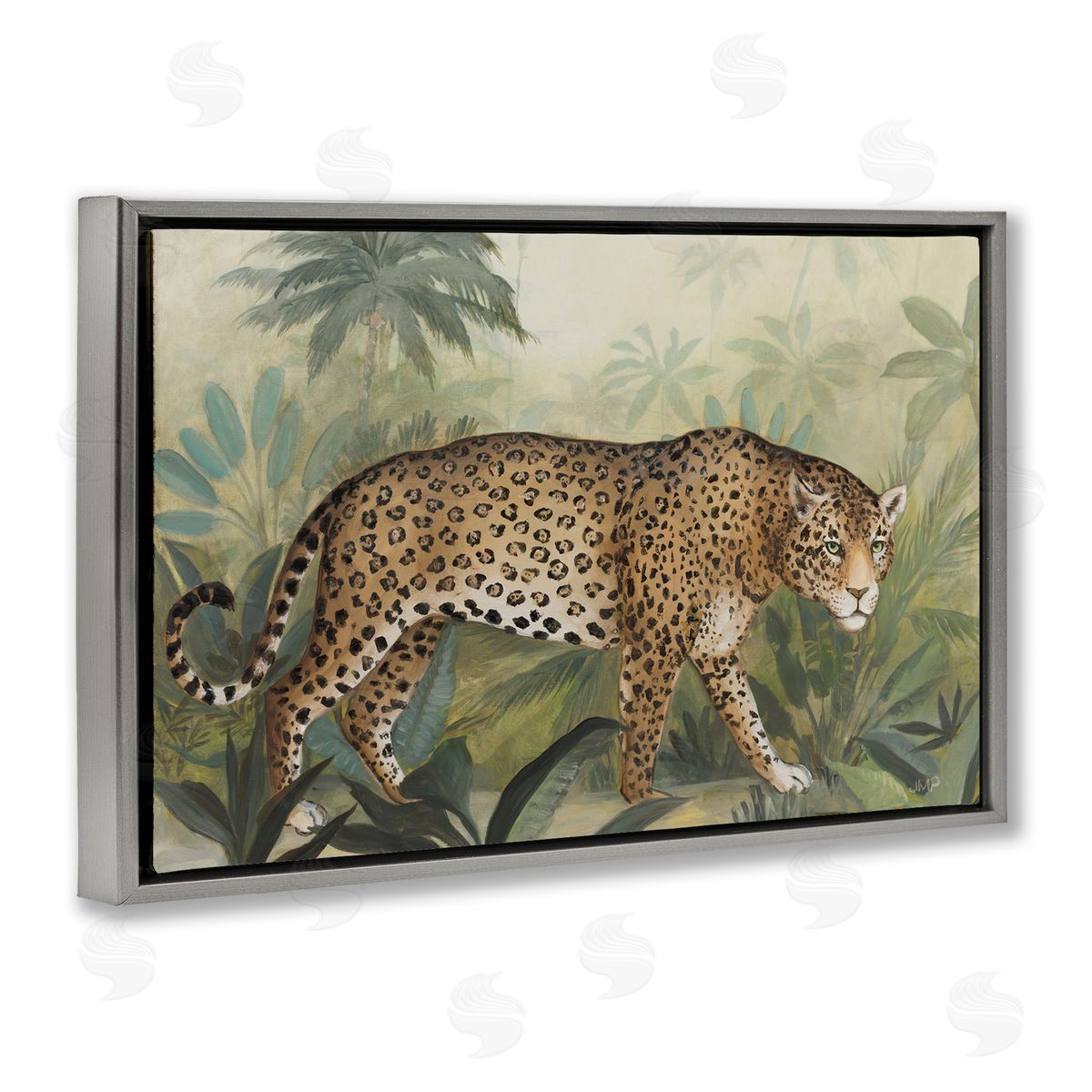 Prowling Leopard in Forest Grey Floating Frame Canvas Wall Art, Home Decor by Julia Purinton