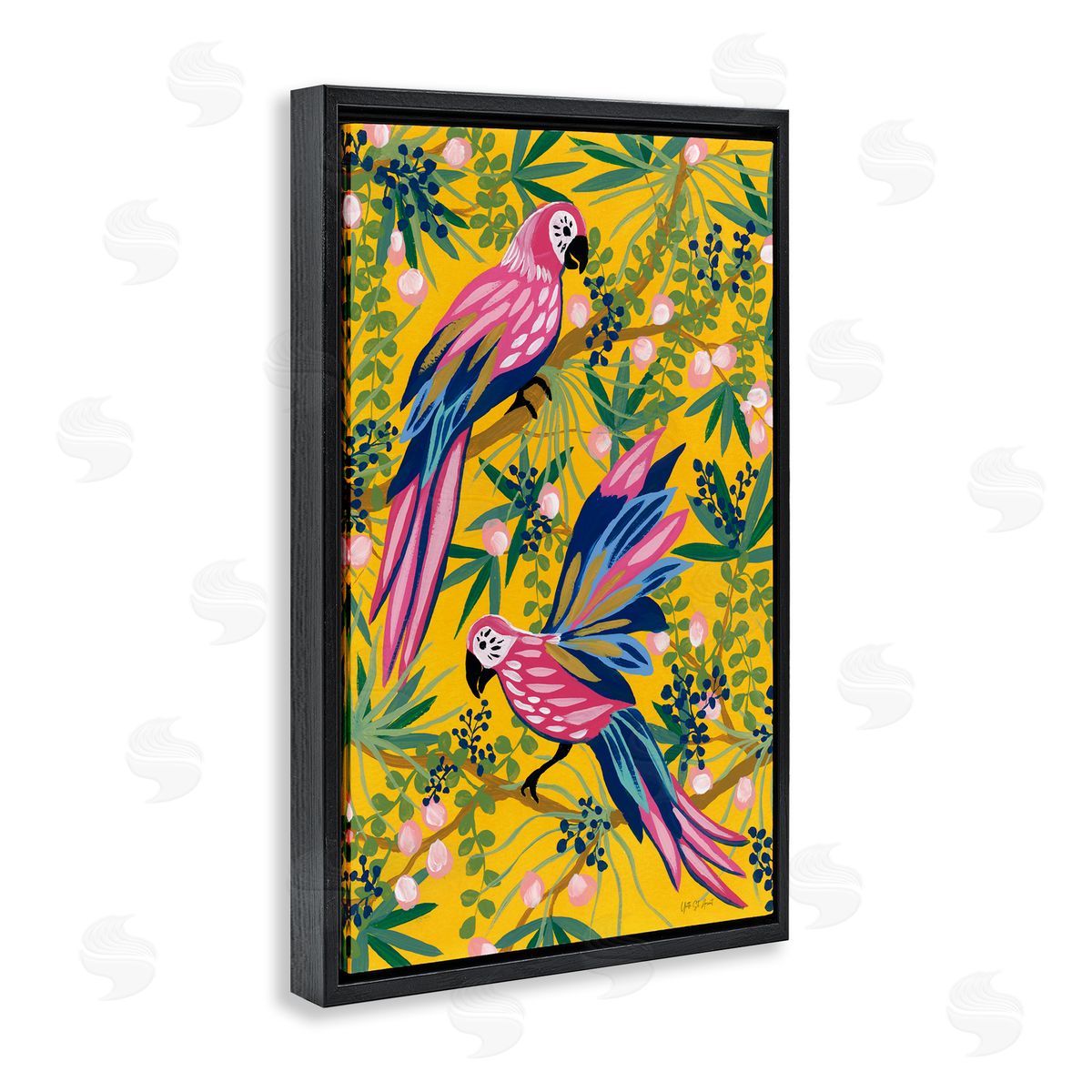 Maximalist Parrots Pattern Black Floating Frame Canvas Wall Art, Home Decor by Yvette St. Amant