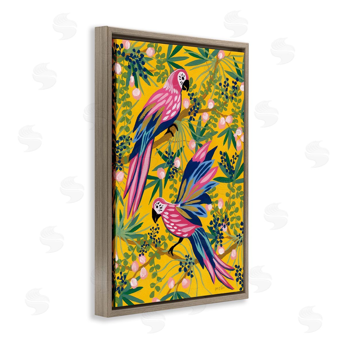 Maximalist Parrots Pattern Brown Floating Frame Canvas Wall Art, Home Decor by Yvette St. Amant