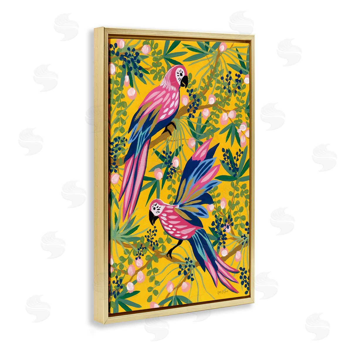 Maximalist Parrots Pattern Gold Floating Frame Canvas Wall Art, Home Decor by Yvette St. Amant