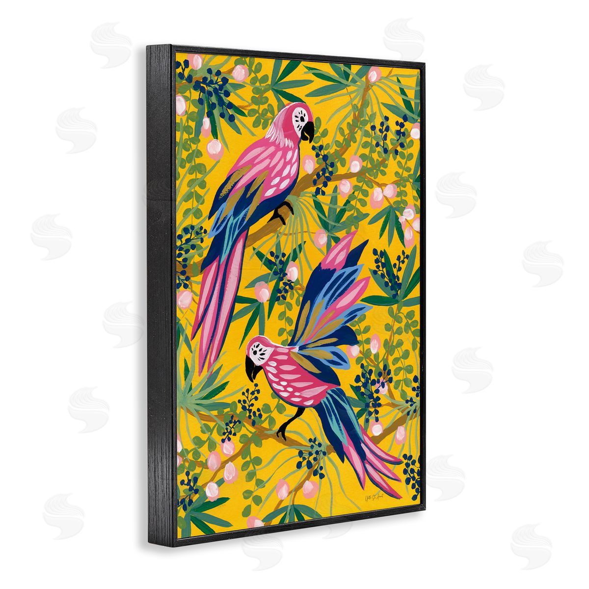 Maximalist Parrots Pattern Black Frame Print Wall Art, Home Decor by Yvette St. Amant