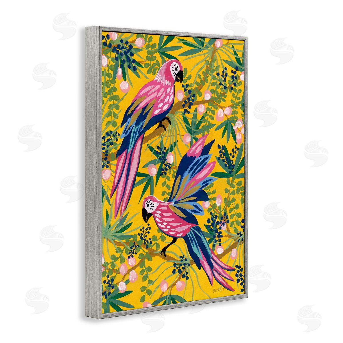 Maximalist Parrots Pattern Grey Frame Print Wall Art, Home Decor by Yvette St. Amant