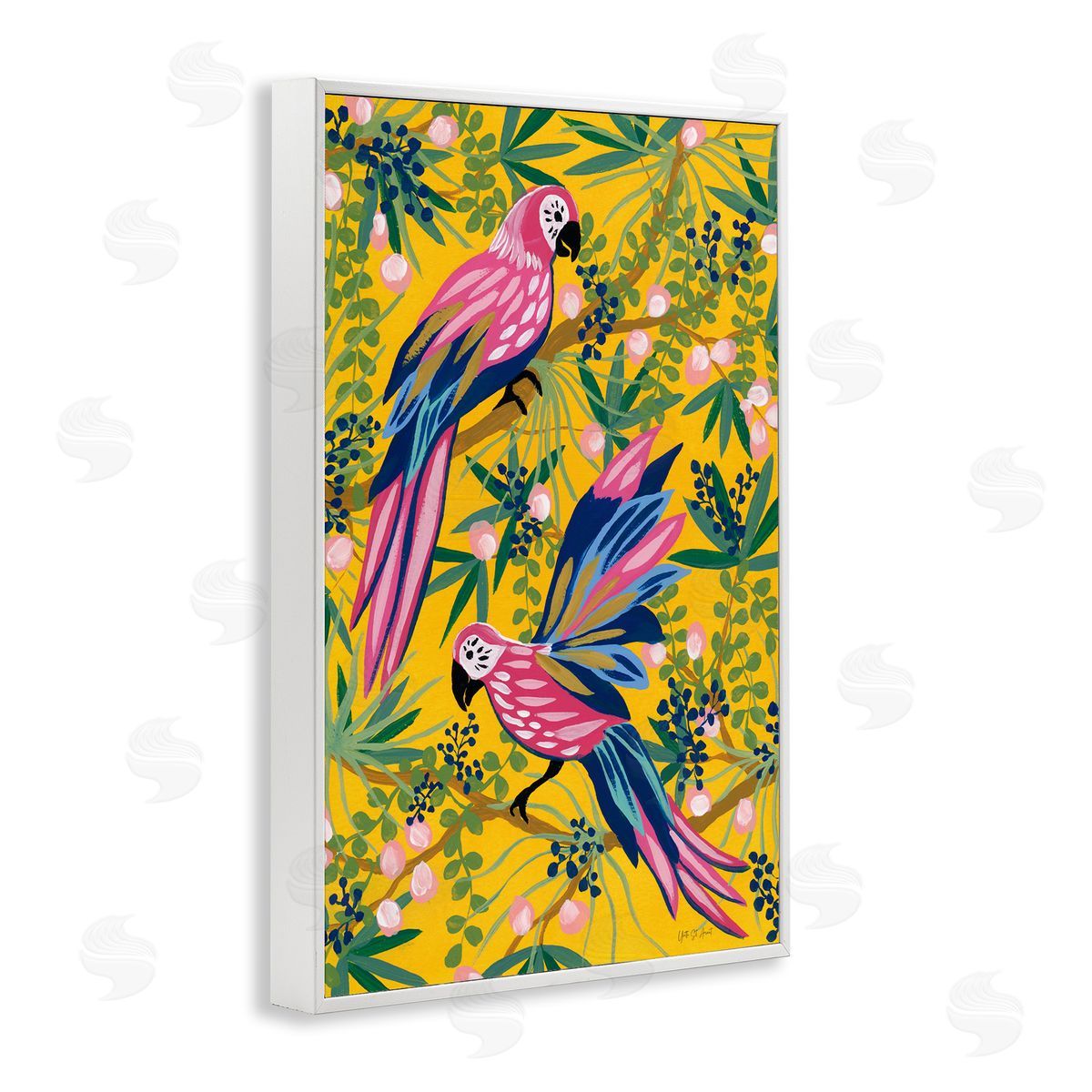 Maximalist Parrots Pattern White Frame Print Wall Art, Home Decor by Yvette St. Amant