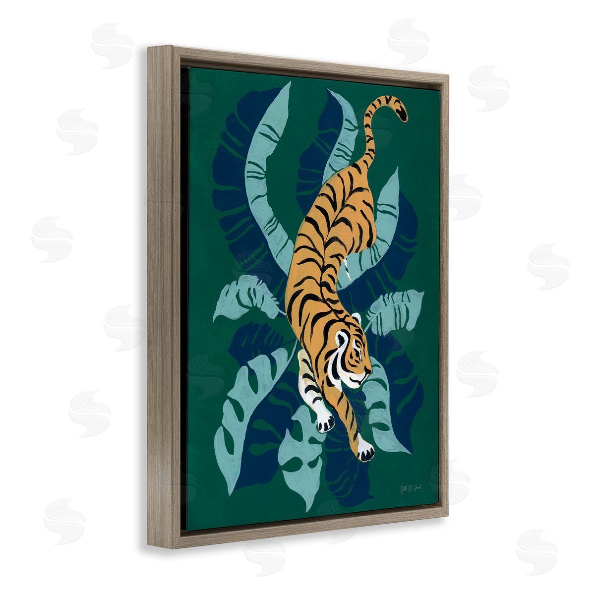 Tiger Prowling over Palms Brown Floating Frame Canvas Wall Art, Home Decor by Yvette St. Amant