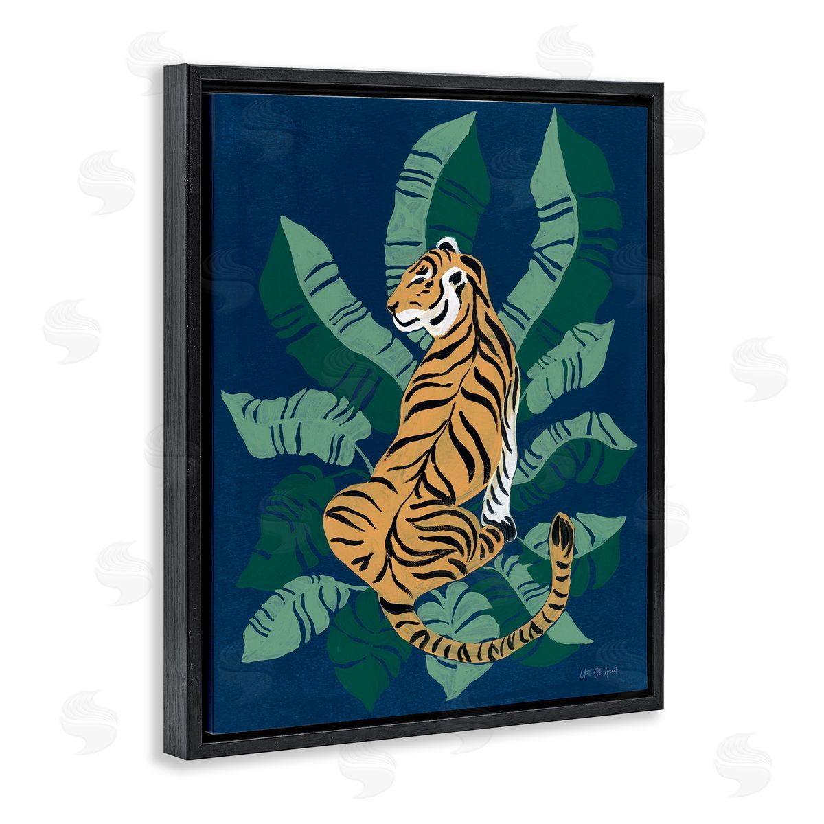 Tiger Sitting over Palms Black Floating Frame Canvas Wall Art, Home Decor by Yvette St. Amant