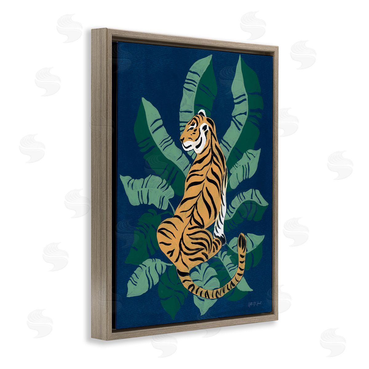 Tiger Sitting over Palms Brown Floating Frame Canvas Wall Art, Home Decor by Yvette St. Amant