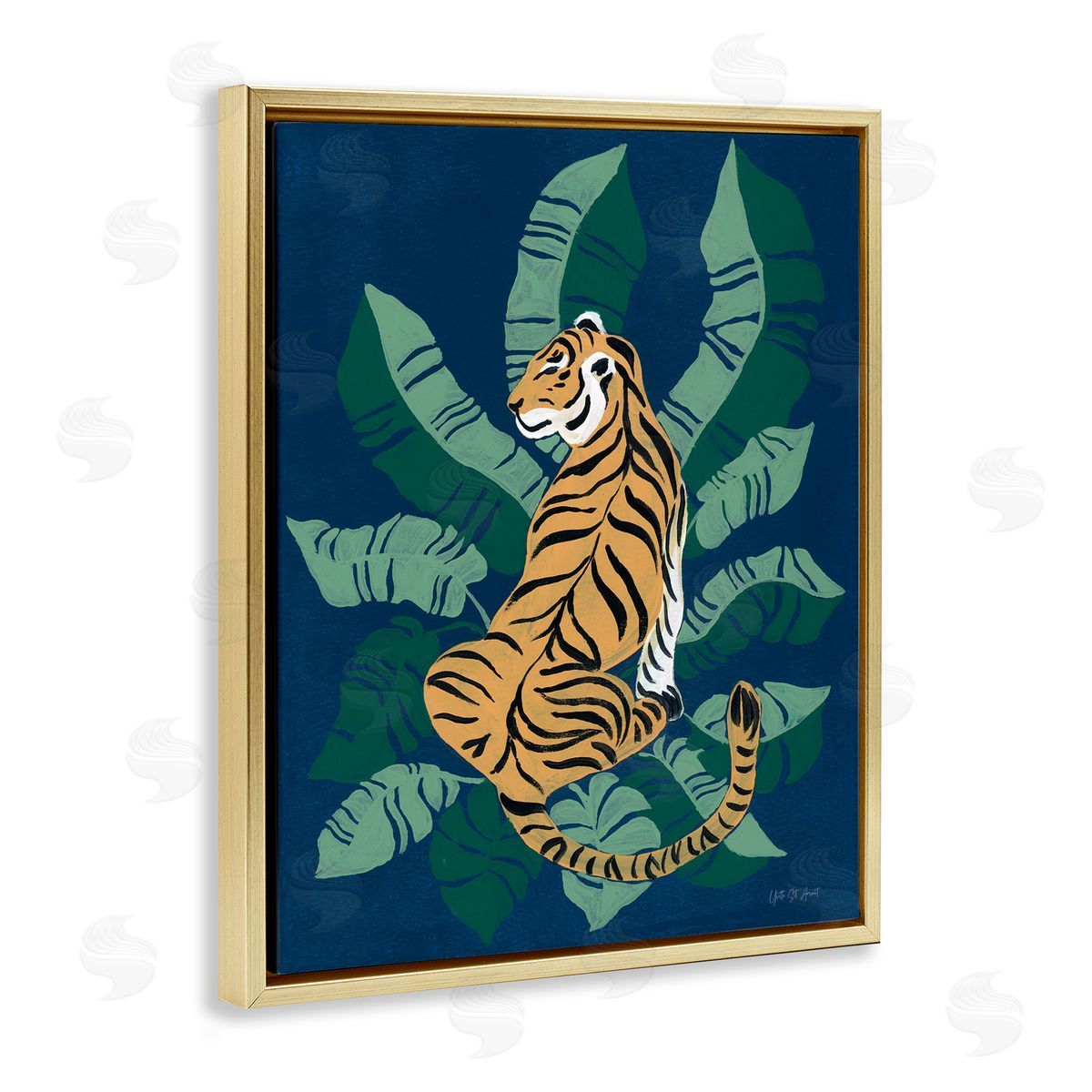 Tiger Sitting over Palms Gold Floating Frame Canvas Wall Art, Home Decor by Yvette St. Amant