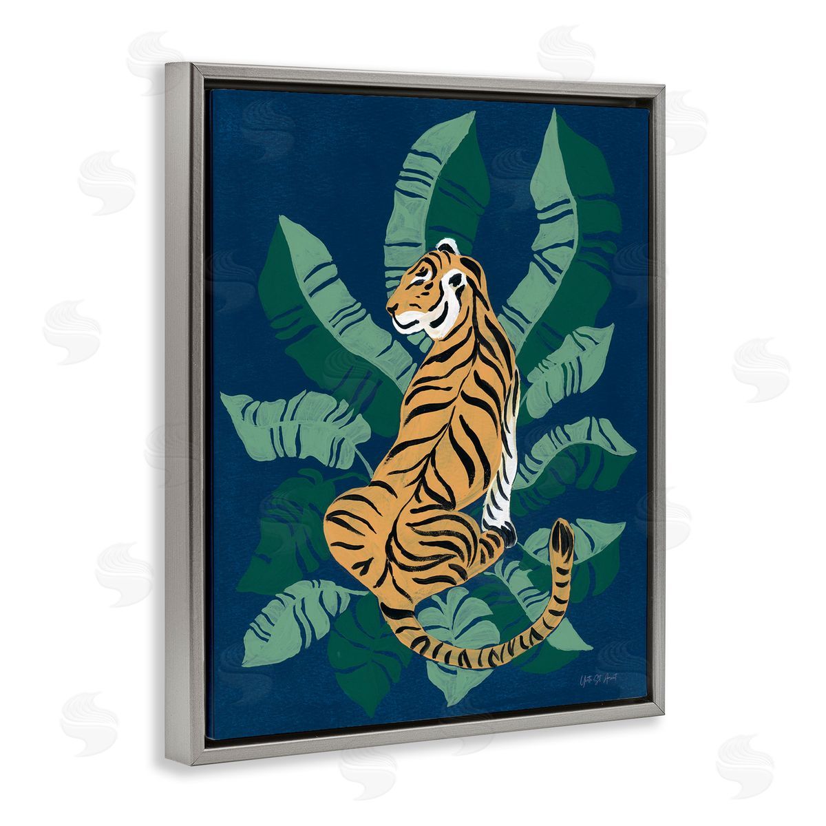 Tiger Sitting over Palms Grey Floating Frame Canvas Wall Art, Home Decor by Yvette St. Amant