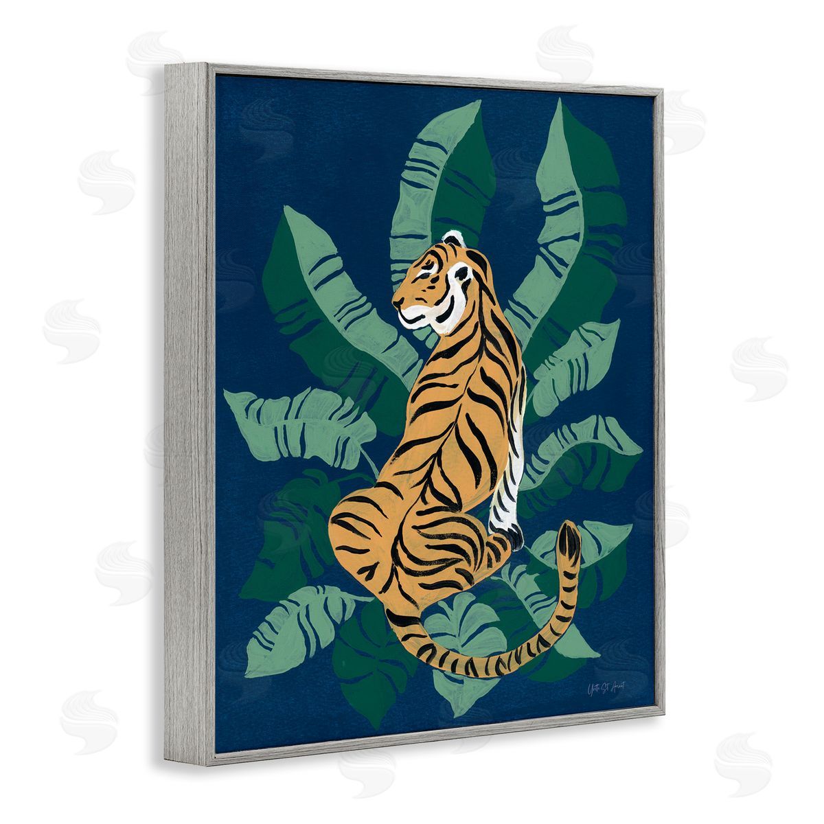 Tiger Sitting over Palms Grey Frame Print Wall Art, Home Decor by Yvette St. Amant