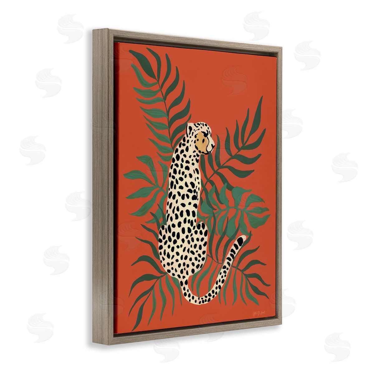Leopard and Palm Leaves Brown Floating Frame Canvas Wall Art, Home Decor by Yvette St. Amant