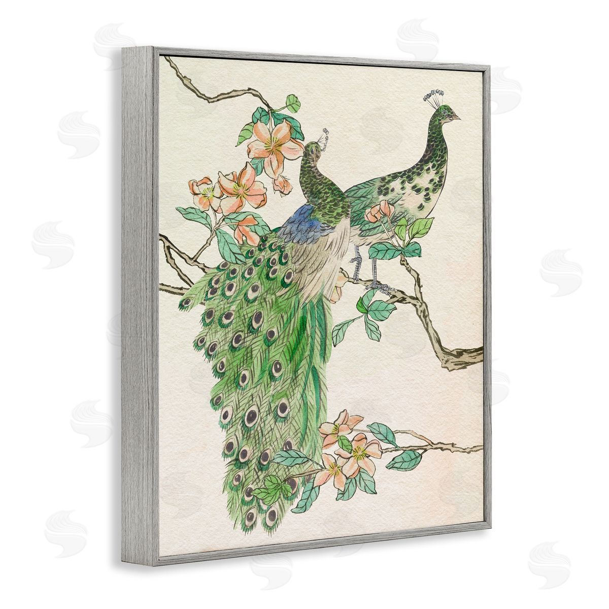 Peacock Pair on Branch Grey Frame Print Wall Art, Home Decor by Melissa Wang