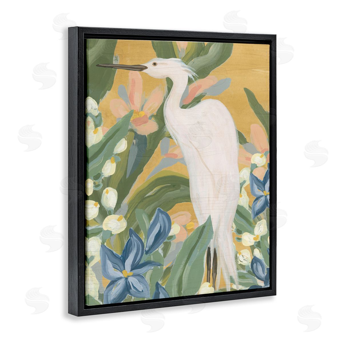 Tropical Egret Painting Black Floating Frame Canvas Wall Art, Home Decor by June Erica Vess