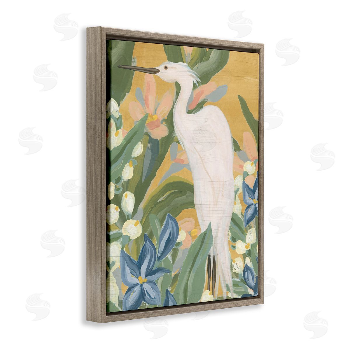 Tropical Egret Painting Brown Floating Frame Canvas Wall Art, Home Decor by June Erica Vess