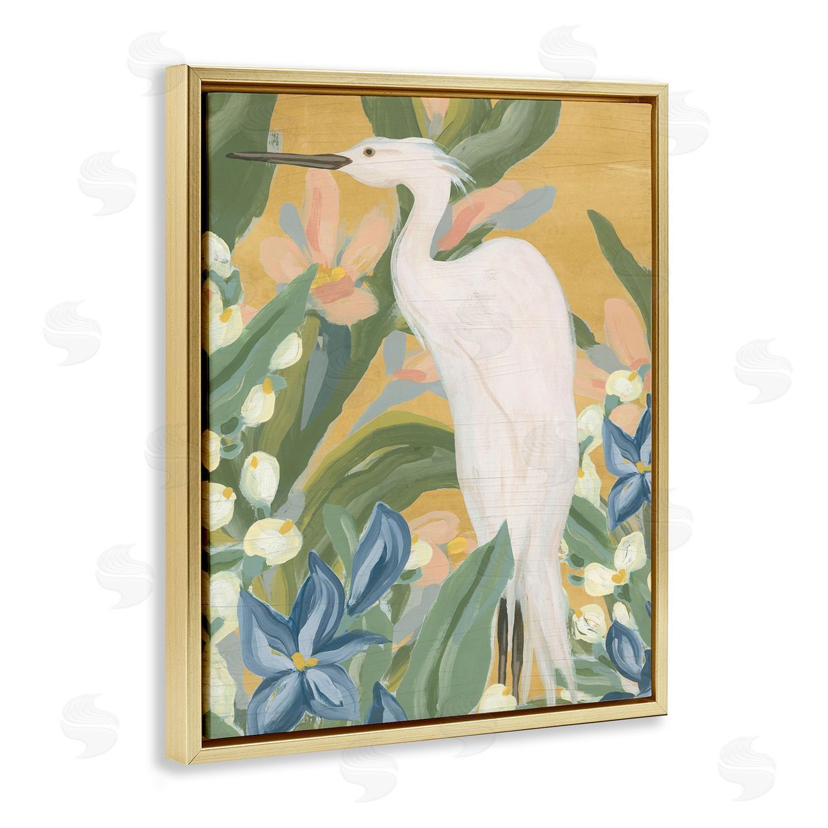 Tropical Egret Painting Gold Floating Frame Canvas Wall Art, Home Decor by June Erica Vess