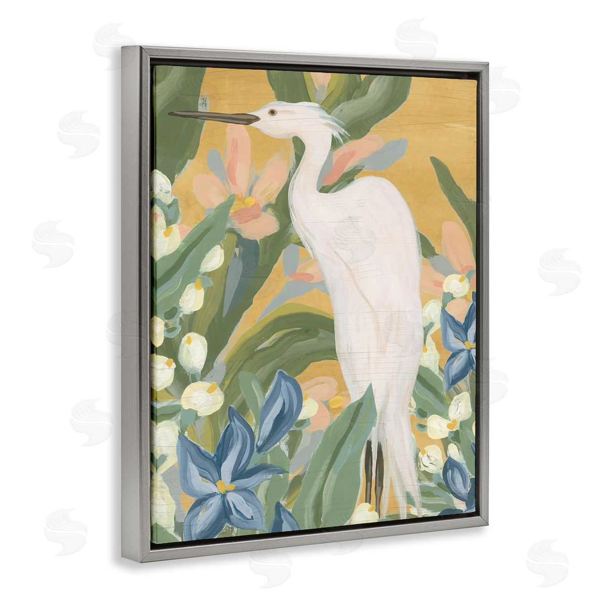 Tropical Egret Painting Grey Floating Frame Canvas Wall Art, Home Decor by June Erica Vess