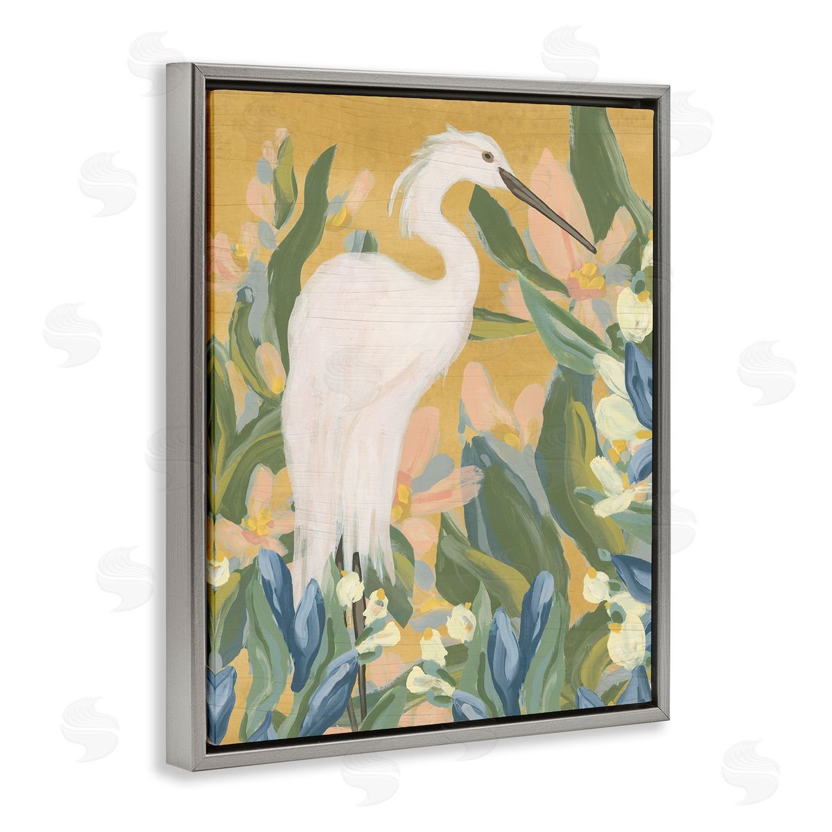 Egret and Lake Vegetation Grey Floating Frame Canvas Wall Art, Home Decor by June Erica Vess