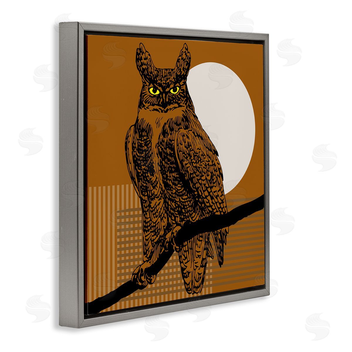 Horned Owl and Full Moon Grey Floating Frame Canvas Wall Art, Home Decor by Regina Moore