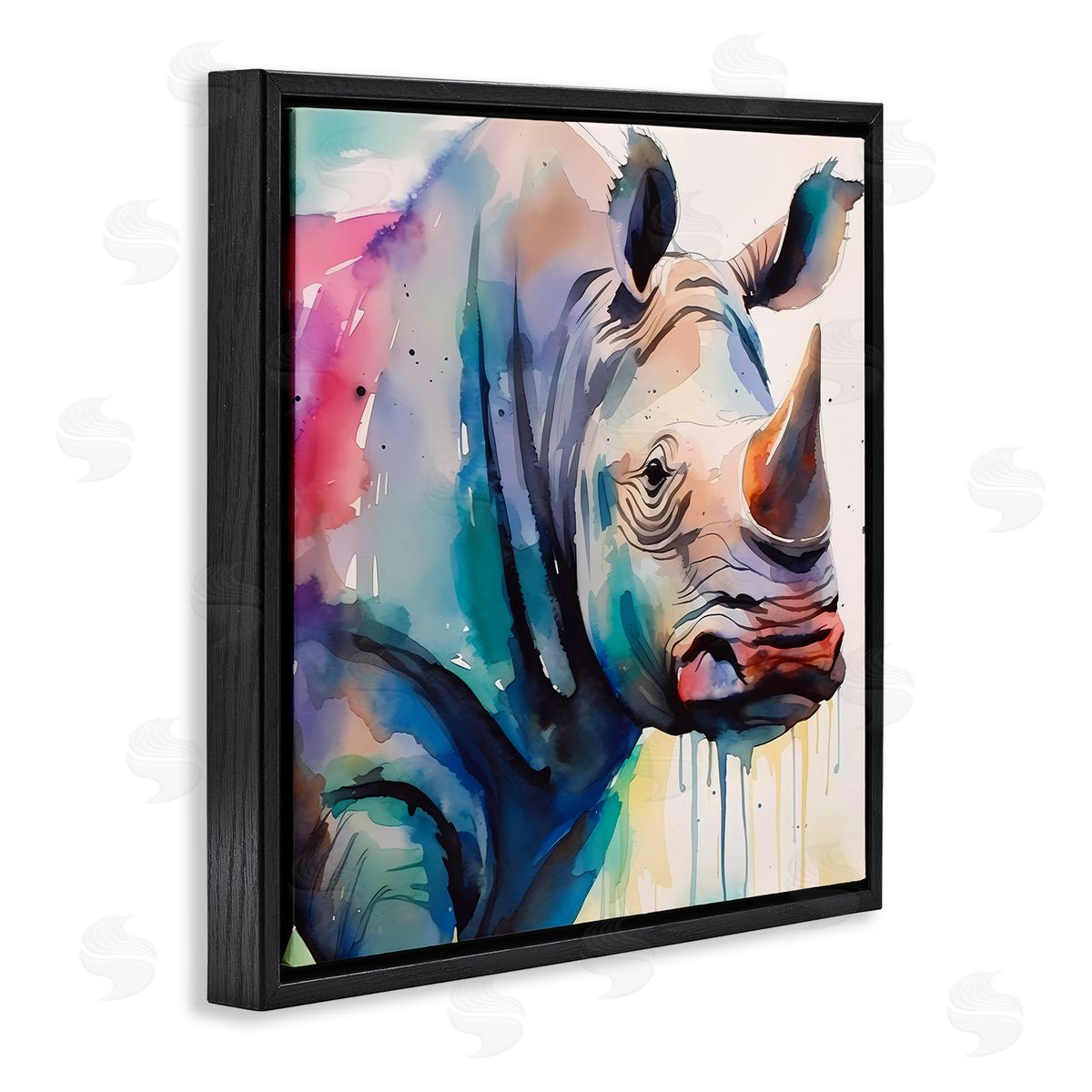 Paint Drip Rhinoceros Black Floating Frame Canvas Wall Art, Home Decor by Walker Noble