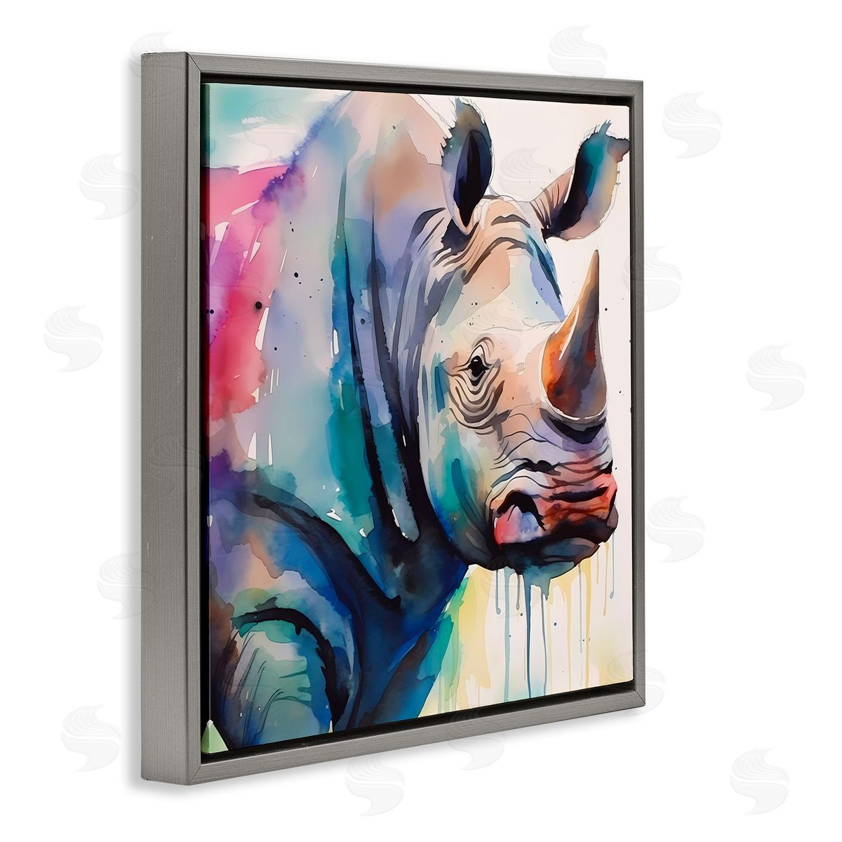 Paint Drip Rhinoceros Grey Floating Frame Canvas Wall Art, Home Decor by Walker Noble