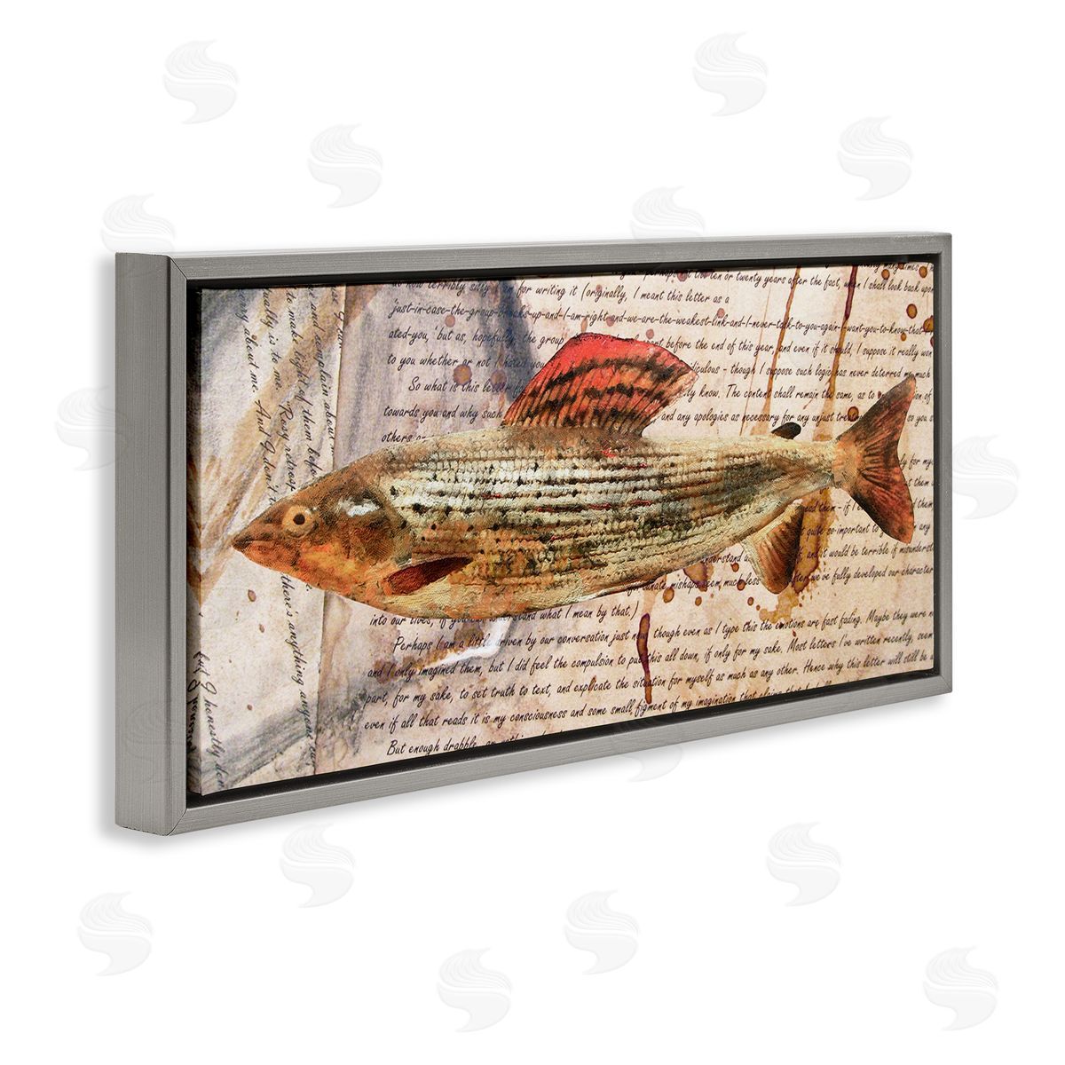 Fish with Vintage Text Grey Floating Frame Canvas Wall Art, Home Decor by Alonzo Saunders