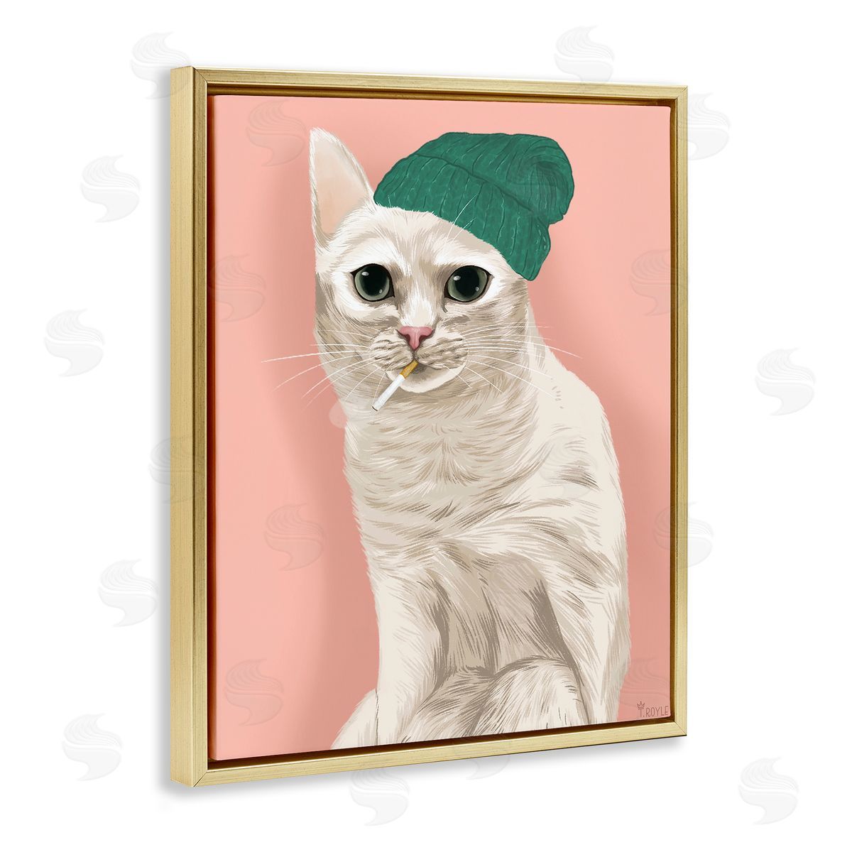 Tara Royle Hipster Cat with Beanie Gold Floating Frame Canvas Wall Art Print