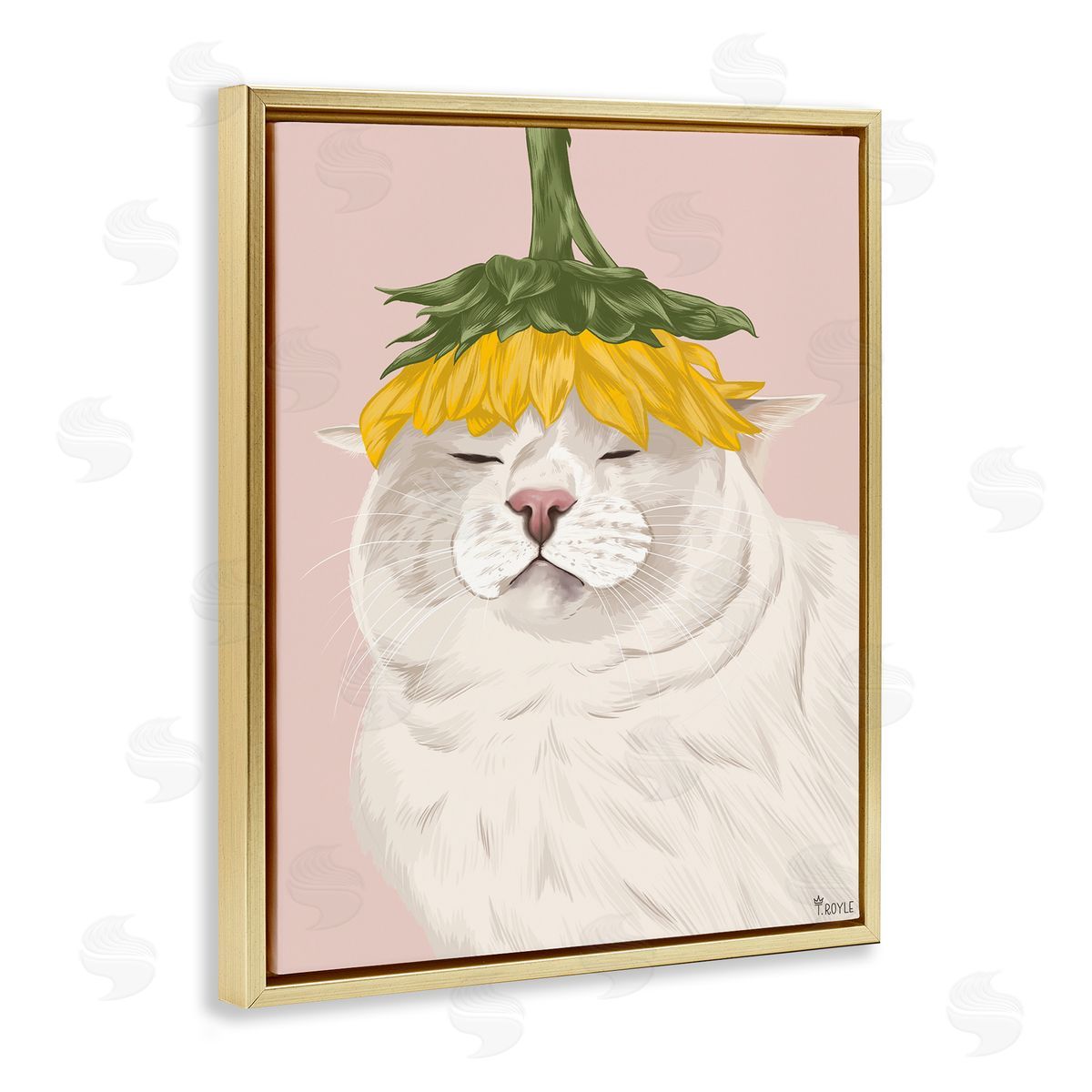 Cat with Daisy on Head Gold Floating Frame Canvas Wall Art, Home Decor by Tara Royle