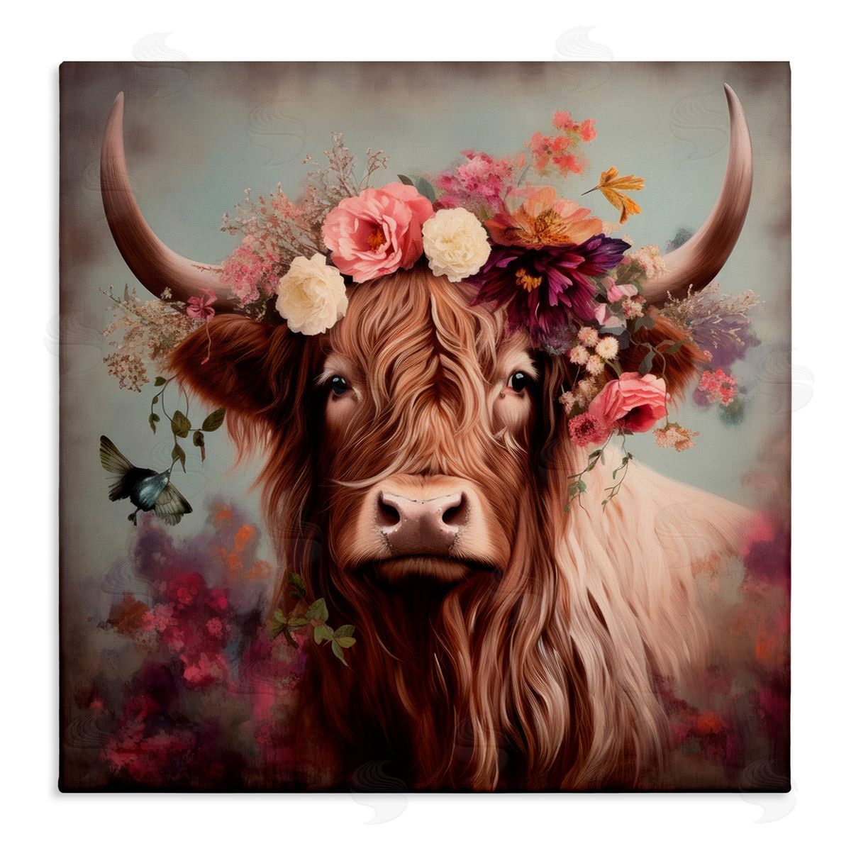 Longhorn and Flower Garland Canvas Wall Art, Home Decor by Irena Orlov