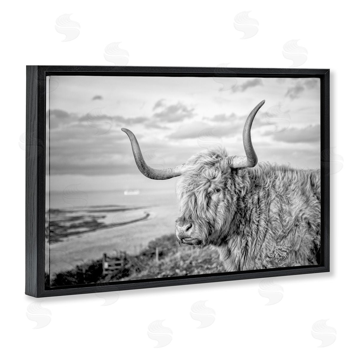 Cattle with Ocean Breeze Black Floating Frame Canvas Wall Art, Home Decor by Jasper Huish