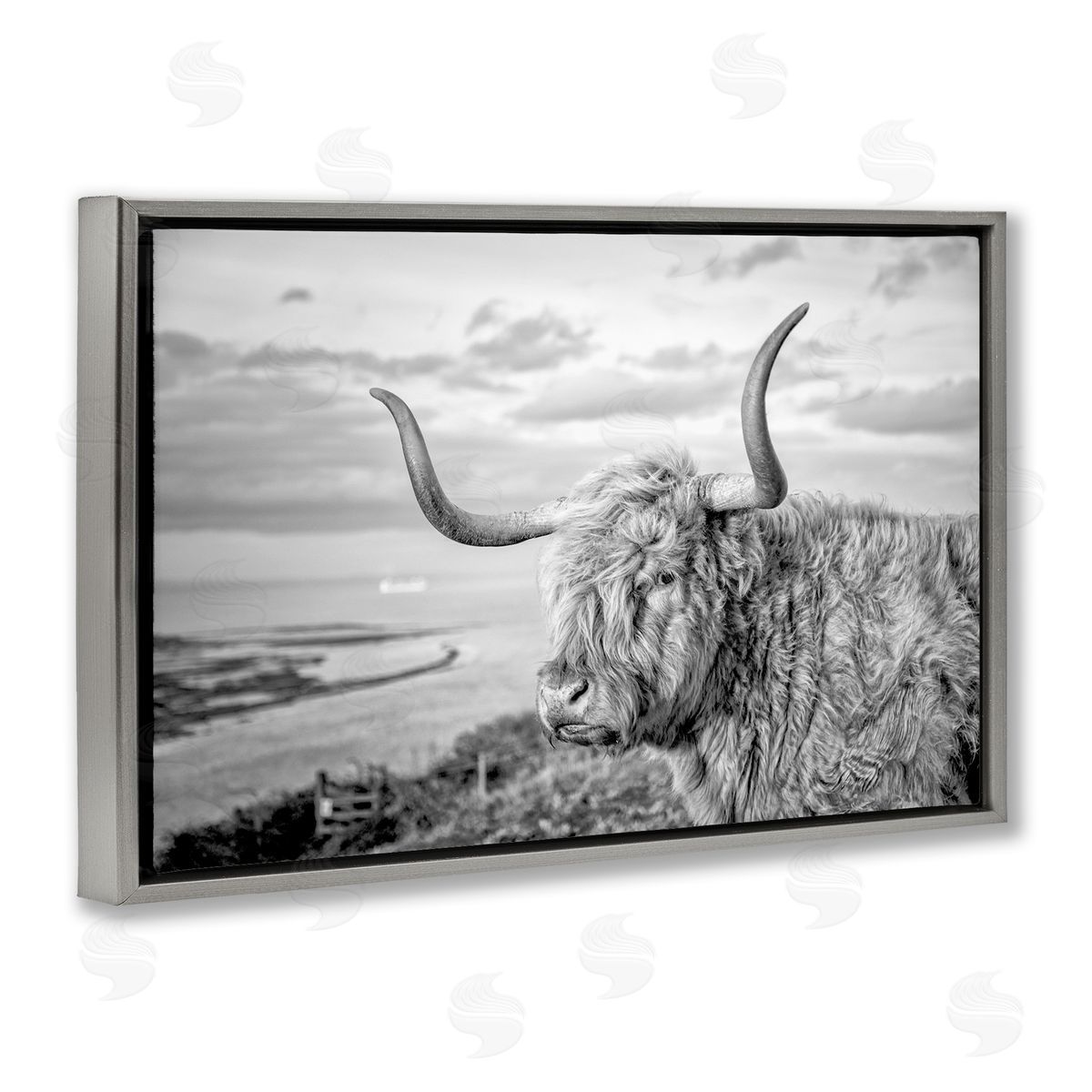 Cattle with Ocean Breeze Grey Floating Frame Canvas Wall Art, Home Decor by Jasper Huish