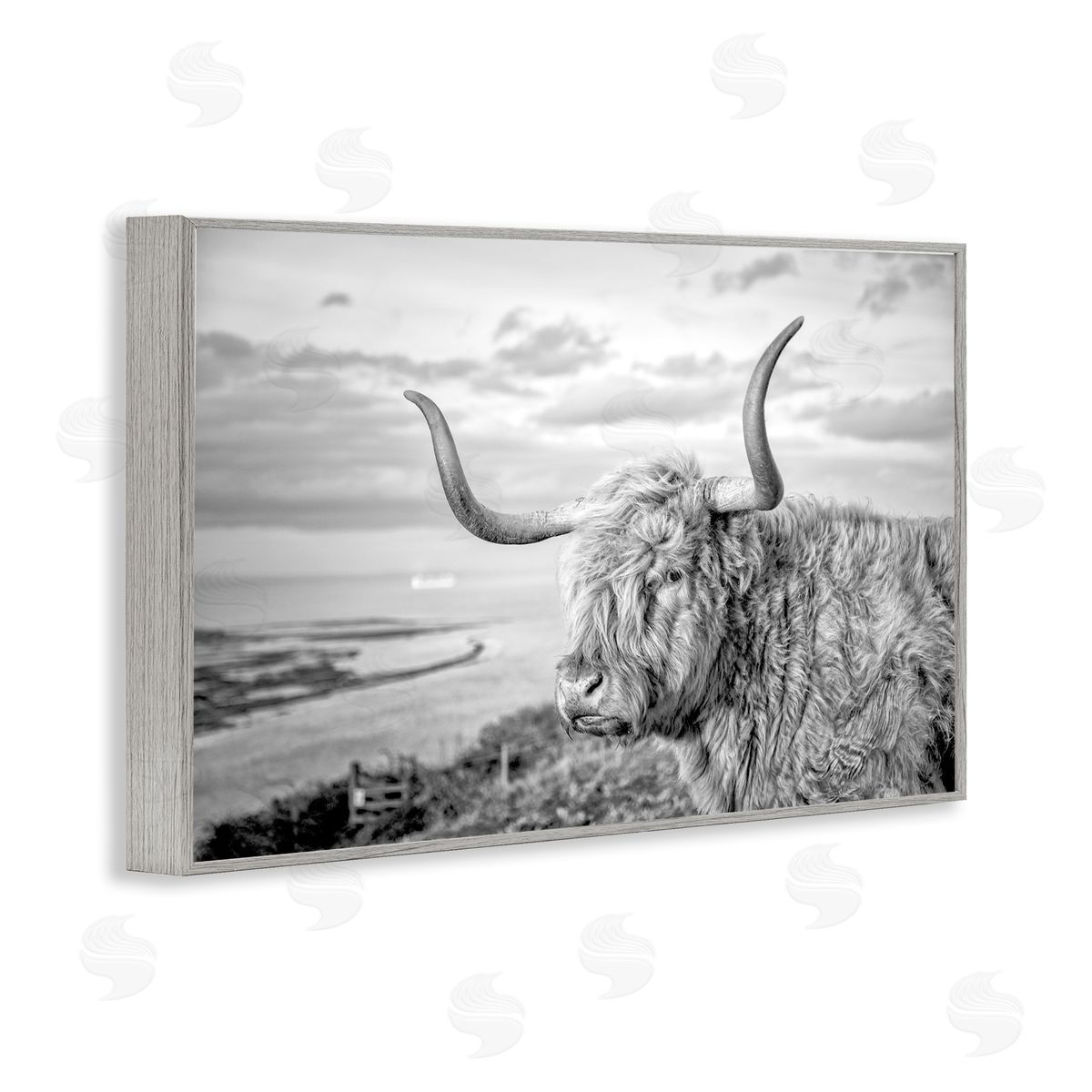 Cattle with Ocean Breeze Grey Frame Print Wall Art, Home Decor by Jasper Huish