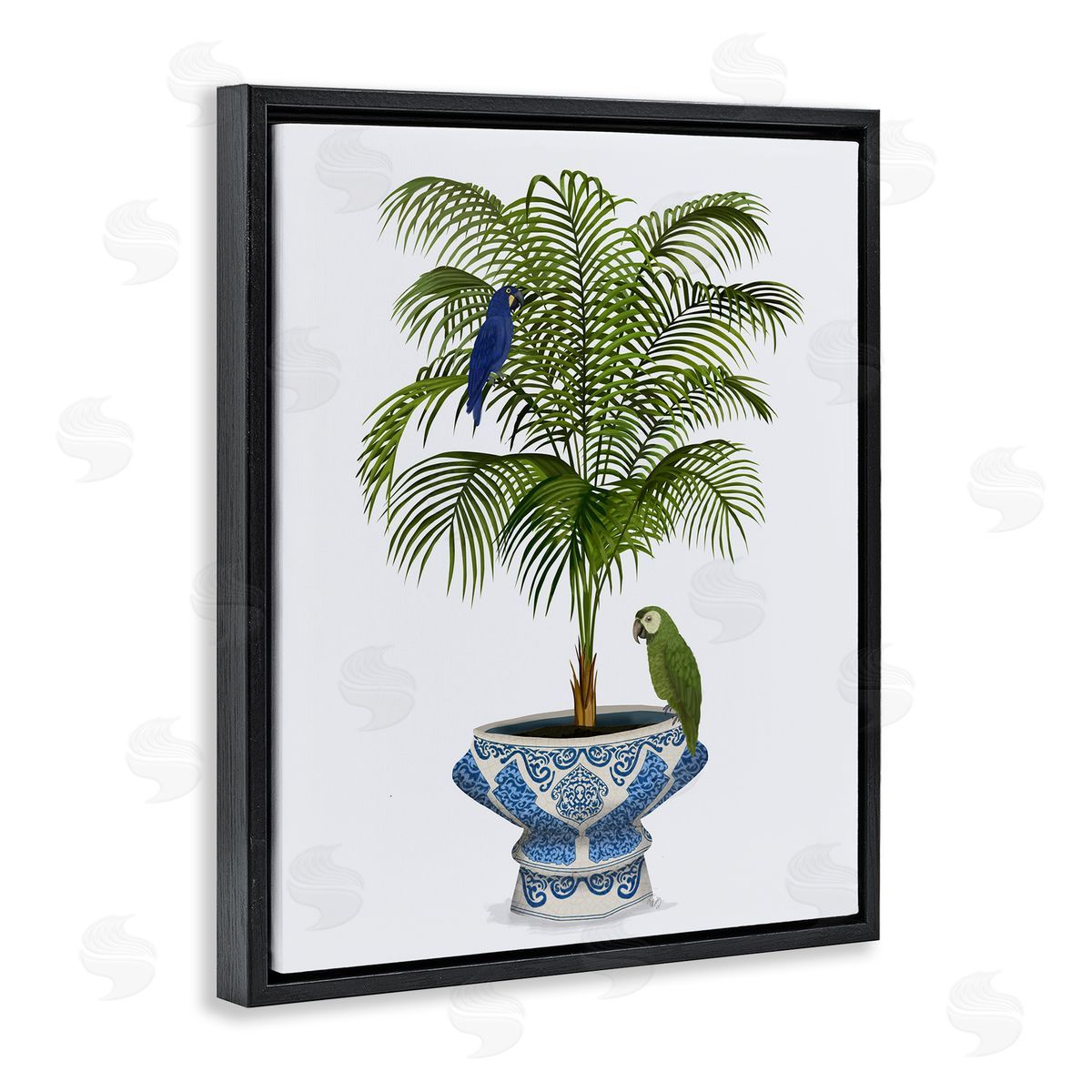 Parrots on Ornate Planter Black Floating Frame Canvas Wall Art, Home Decor by Fab Funky