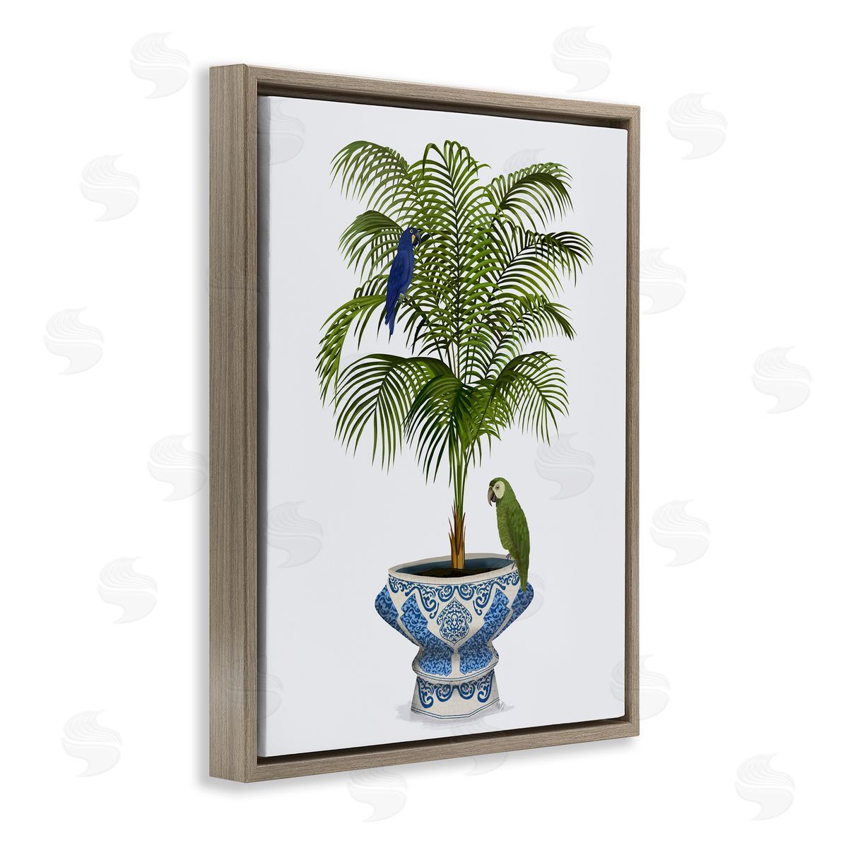 Parrots on Ornate Planter Brown Floating Frame Canvas Wall Art, Home Decor by Fab Funky