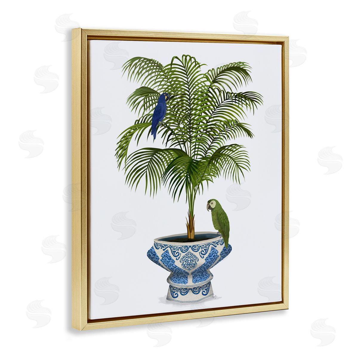 Parrots on Ornate Planter Gold Floating Frame Canvas Wall Art, Home Decor by Fab Funky