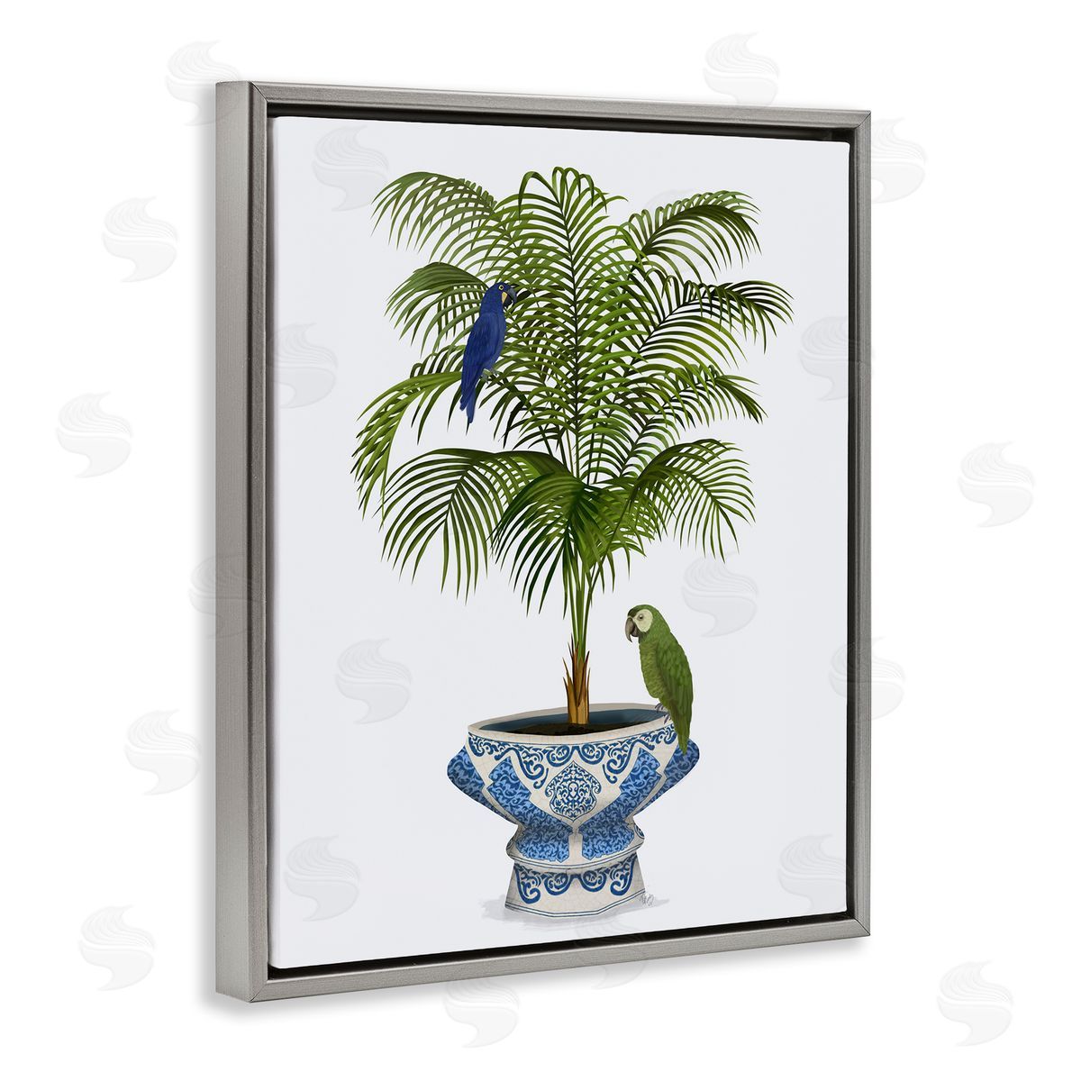Parrots on Ornate Planter Grey Floating Frame Canvas Wall Art, Home Decor by Fab Funky