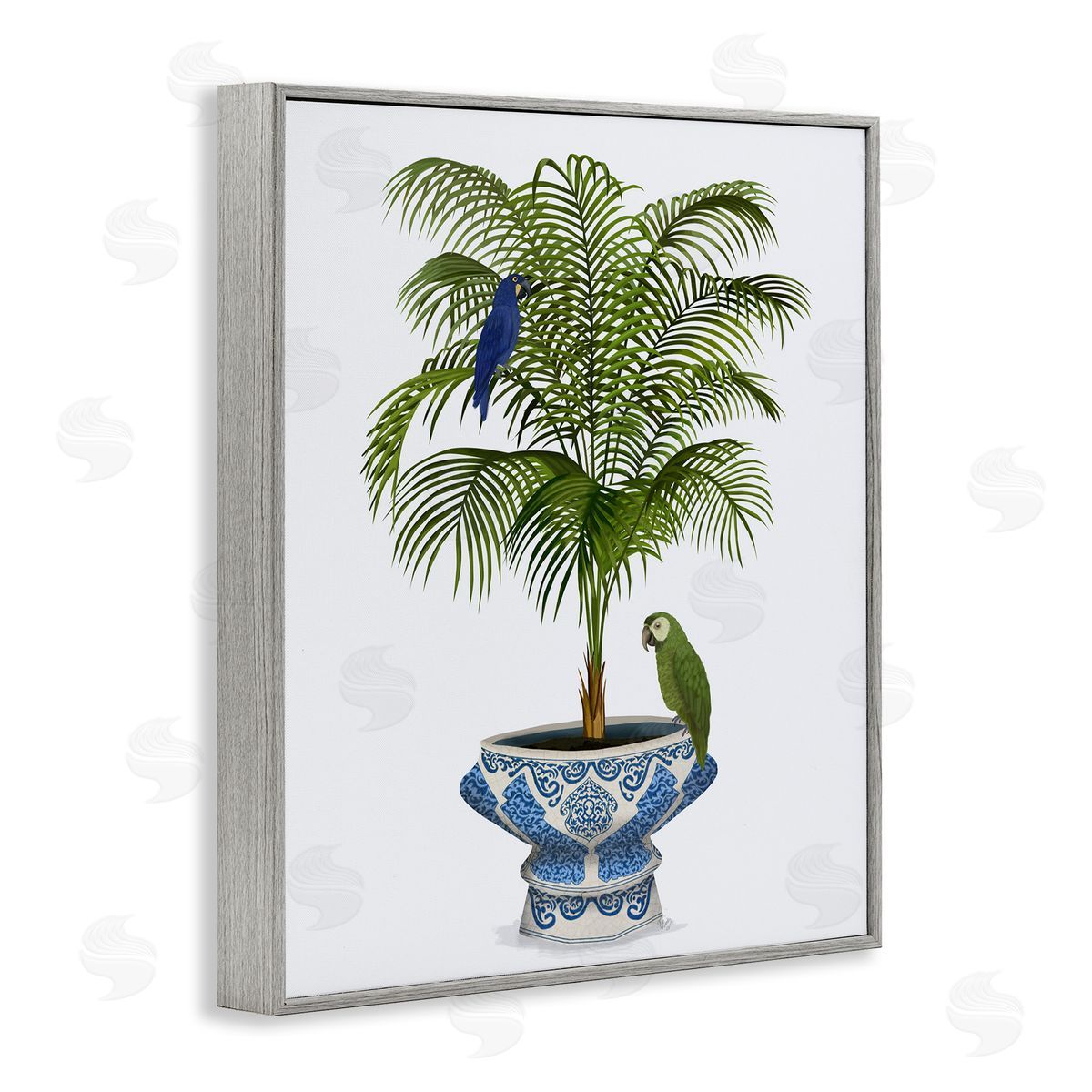 Parrots on Ornate Planter Grey Frame Print Wall Art, Home Decor by Fab Funky