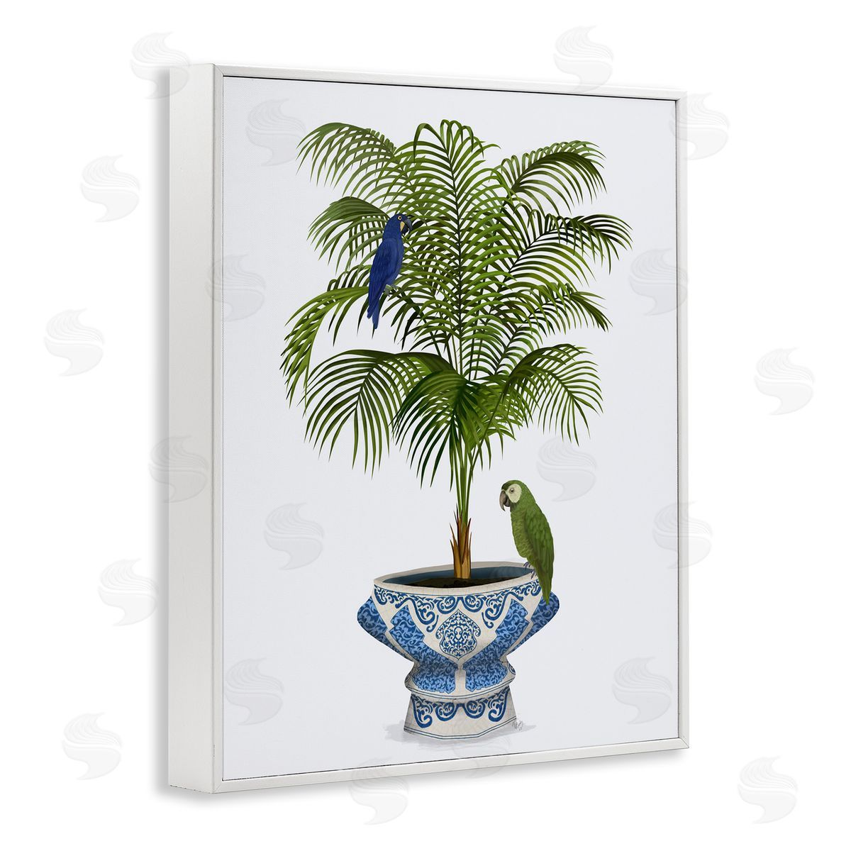 Parrots on Ornate Planter White Frame Print Wall Art, Home Decor by Fab Funky