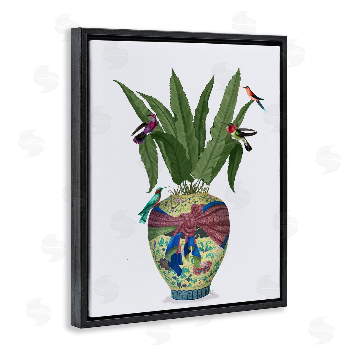 Traditional Birds on Planter Black Floating Frame Canvas Wall Art, Home Decor by Fab Funky