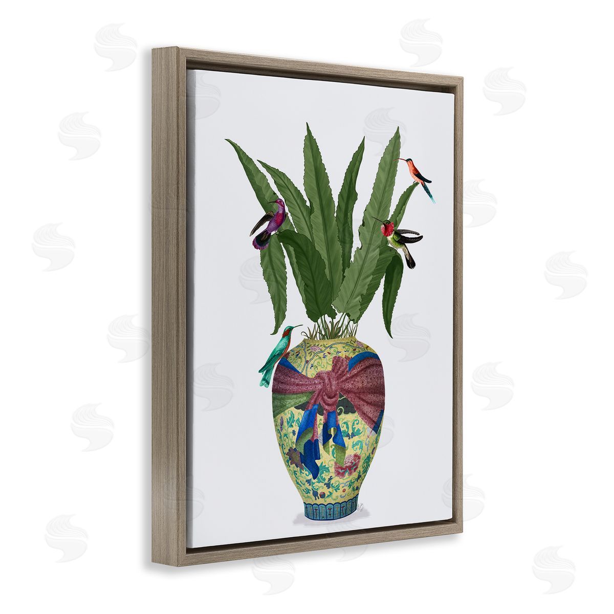 Traditional Birds on Planter Brown Floating Frame Canvas Wall Art, Home Decor by Fab Funky