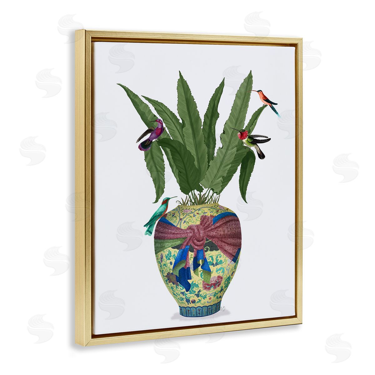Traditional Birds on Planter Gold Floating Frame Canvas Wall Art, Home Decor by Fab Funky