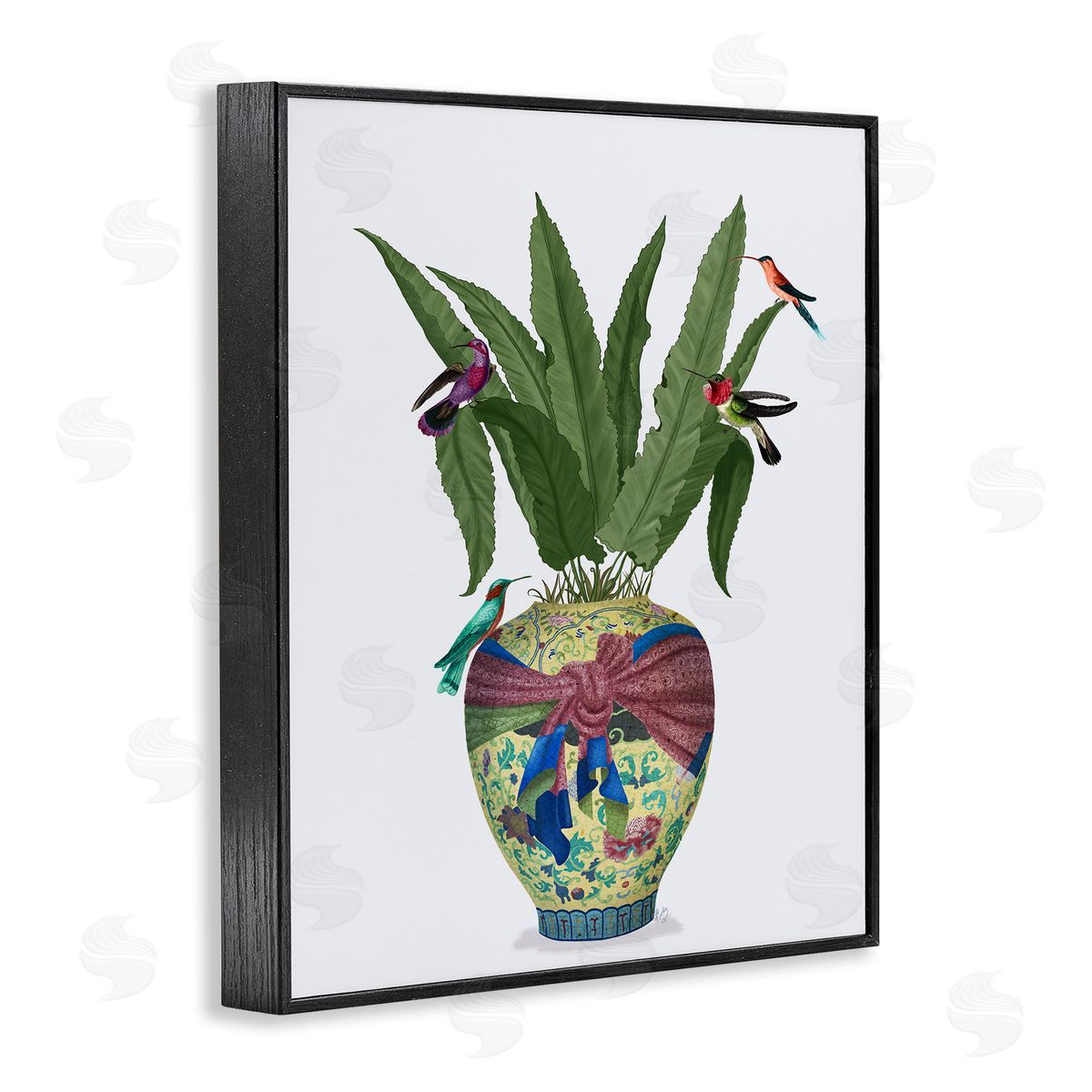 Traditional Birds on Planter Black Frame Print Wall Art, Home Decor by Fab Funky