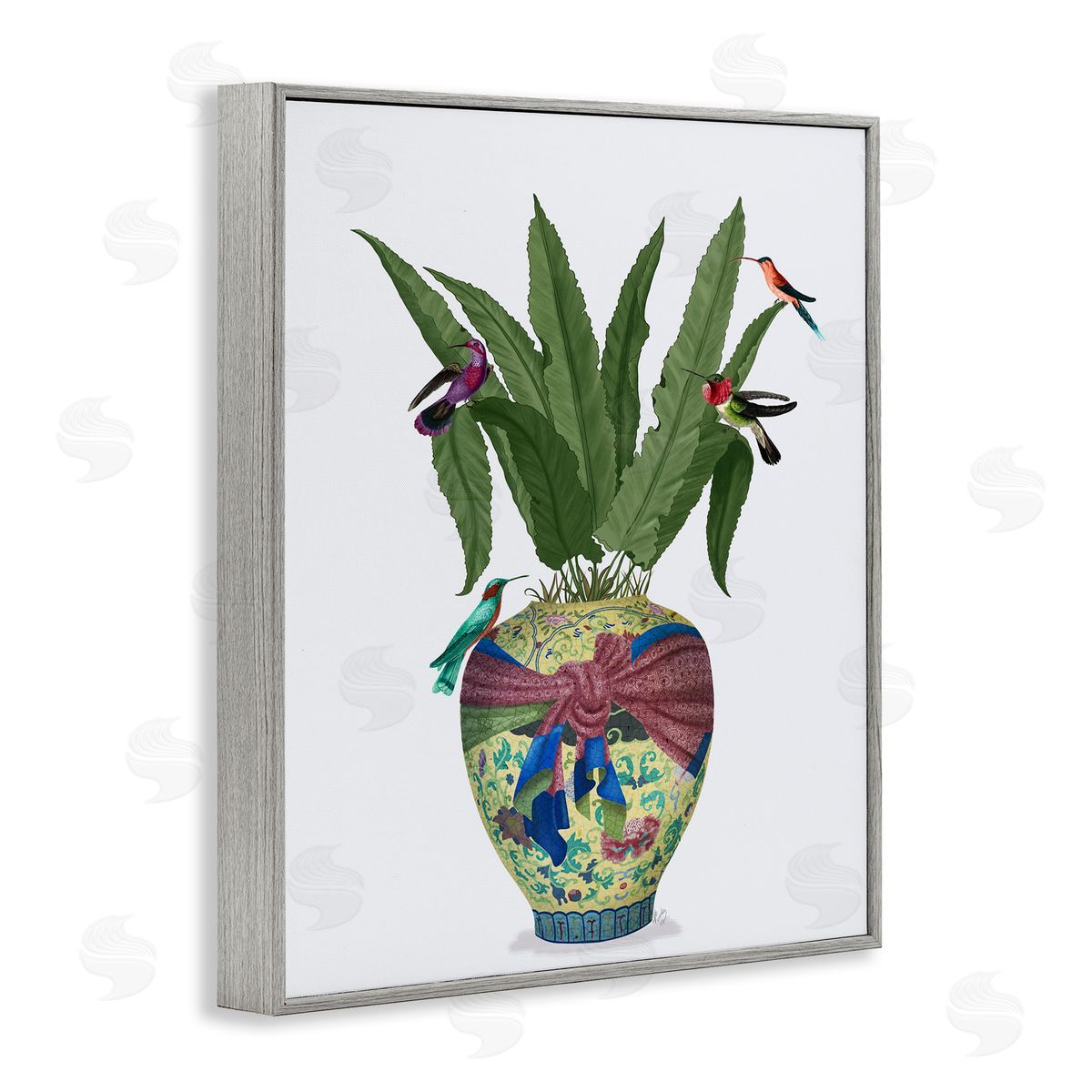 Traditional Birds on Planter Grey Frame Print Wall Art, Home Decor by Fab Funky